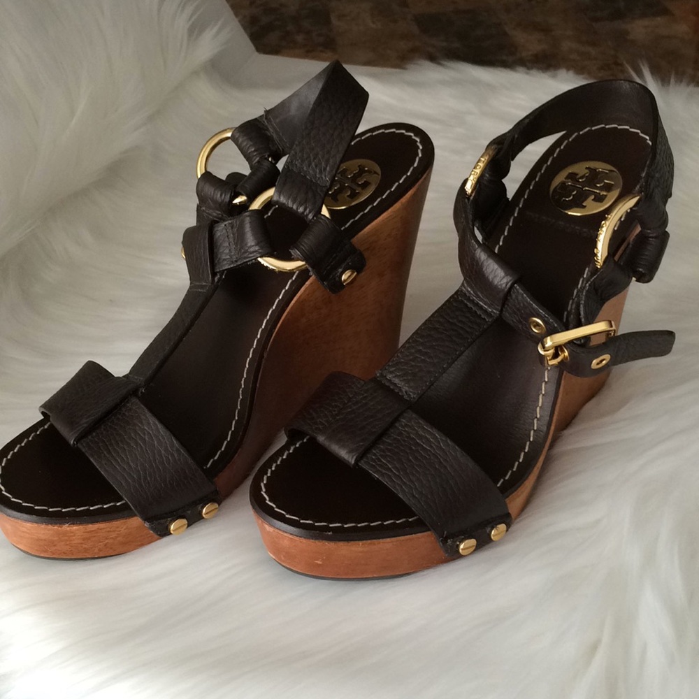 Tory Burch Sandal Wooden Leather Wedge Sz 7.5